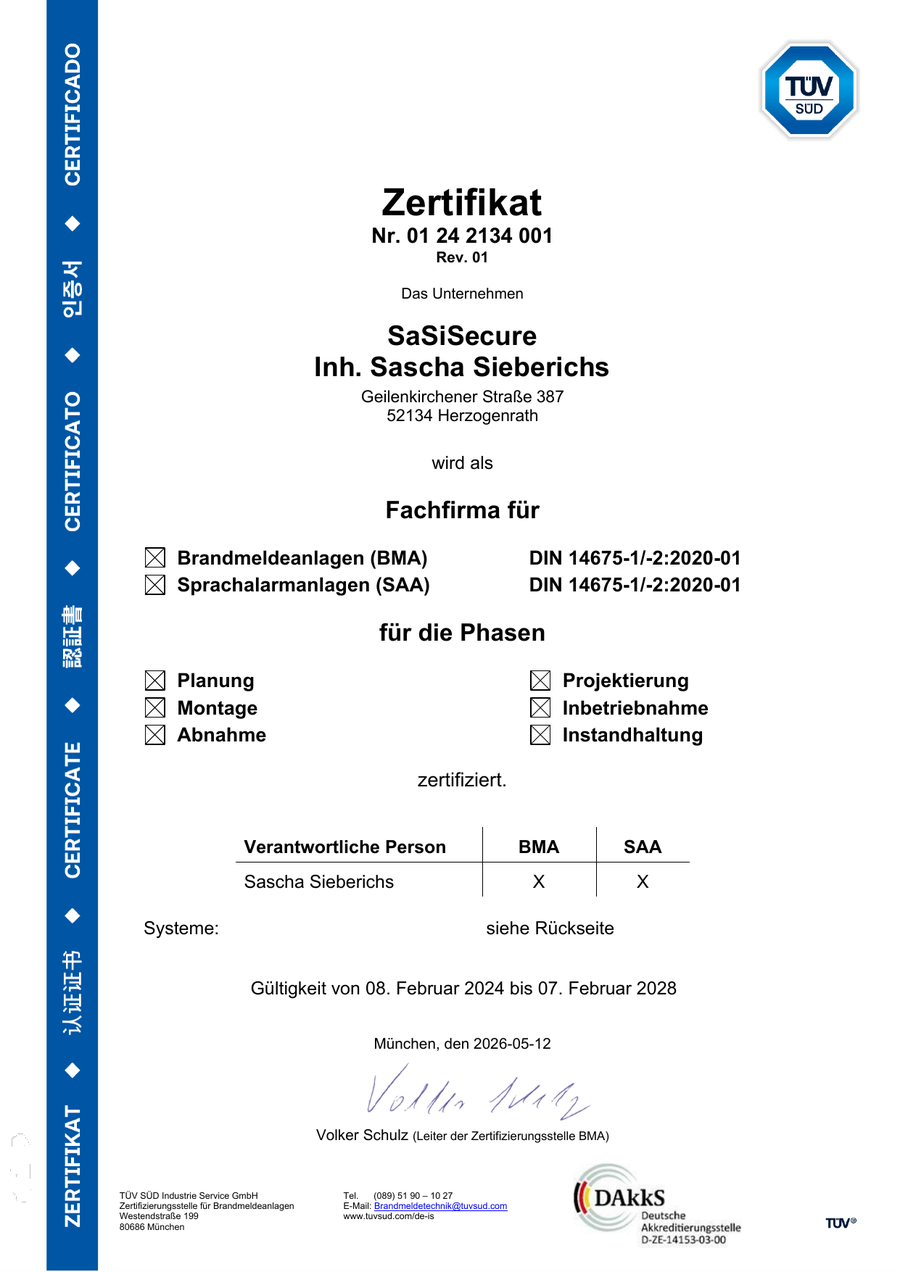Zertifikat des TÜV SÜD für SaSiSecure als Fachfirma für Brandmelde- und Sprachalarmanlagen nach DIN 14675